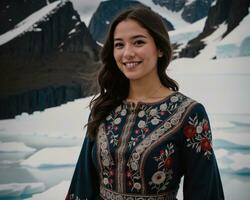 AI generated Portrait of a young woman smiling at camera in front of icebergs. ai generative photo
