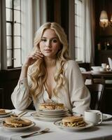 ai generado hermosa rubia niña sentado a el mesa con un lote de alimento. ai generativo foto