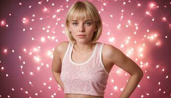 AI generated Beautiful young woman in a white T-shirt on a pink background. ai generative photo