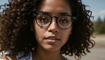 AI generated Portrait of a beautiful young african american woman in eyeglasses outdoors. ai generative photo