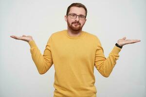 Studio photo of young pretty brown haired bearded man shrugging with raised palms and looking at camera with folded lips, isolated over white background in casual sweater