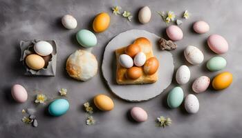 ai generado vistoso Pascua de Resurrección huevos y un pan en un gris antecedentes foto