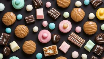 AI generated various types of chocolate candies on a black background photo