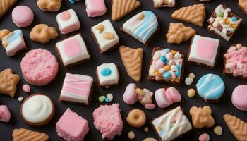 AI generated a variety of different types of sweets on a black background photo