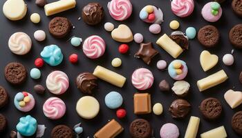 AI generated assortment of sweets and candies on a black background photo