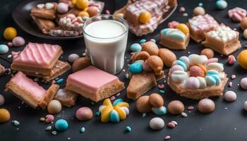 AI generated various pastries and milk on a black background photo