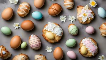 AI generated easter eggs and pastries on a gray background photo