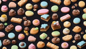 AI generated a large assortment of different colored sweets on a black background photo