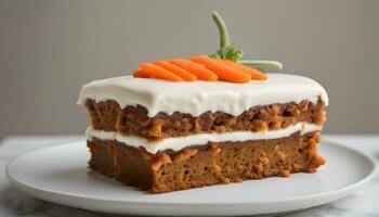 AI generated a carrot cake with cream cheese frosting on a plate photo