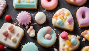 AI generated a close up of colorful cookies on a black background photo