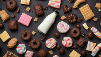 AI generated many different types of chocolate and cookies are arranged around a glass of milk photo