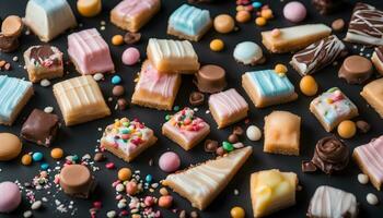 AI generated assorted chocolate and candy bars on a black background photo