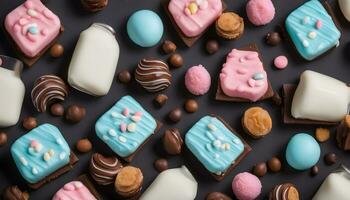 AI generated various colorful chocolate and candy bars on a black background photo