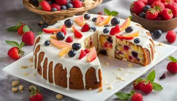 ai generado un bundt pastel con Fresco Fruta en parte superior foto