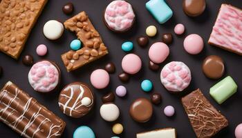 AI generated various types of chocolate and candy on a black background photo