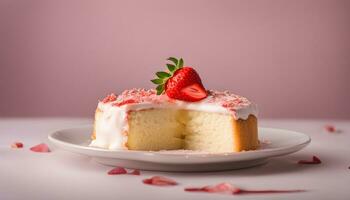 ai generado un rebanada de pastel con Crema y fresas foto