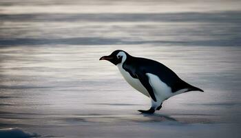 ai generado un pingüino caminando en el hielo en el medio de el Oceano foto