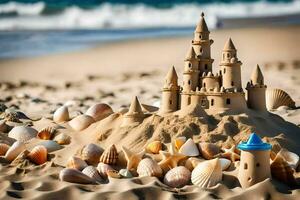 AI generated a sand castle is surrounded by shells and sand photo