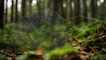 AI generated a spider web in the middle of a forest photo