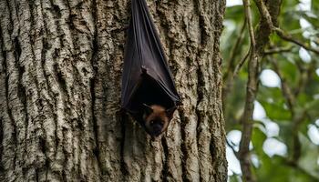 AI generated a bat hanging upside down from a tree photo