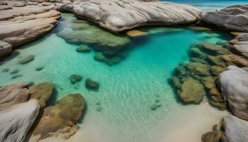 AI generated a beautiful blue pool surrounded by rocks and water photo