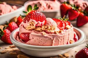 ai generado un cuenco de fresa hielo crema con fresas foto