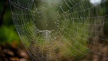 ai generado un araña web es mostrado en el medio de el bosque foto