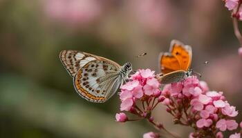 ai generado dos mariposas son sentado en rosado flores foto