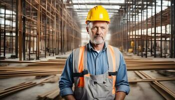 AI generated an older man in a hard hat standing in a large warehouse photo