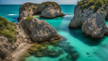 AI generated the rock formations at the beach in the ocean photo