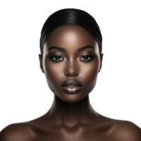 ai generato ritratto di nero donna isolato su trasparente sfondo, alla moda africano modello guardare a telecamera png