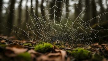 ai generado un araña web es cubierto con Rocío en el bosque foto