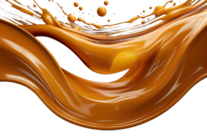 AI generated Splash of melted caramel sauce isolated on transparent background. Brown toffee wave splashing with droplets. Tasty confectionary png