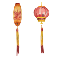 Set of watercolor illustrations. Chinese lanterns for the New Year. Red and yellow lanterns with patterns and pendants, hand-painted in watercolor. Suitable for cards, posters, design and scrapbooking png