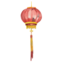 Watercolor illustration. Chinese lantern for New Year. Red and yellow lantern with pendant and gold elements, hand painted in watercolor. Suitable for cards, posters, design and scrapbooking png