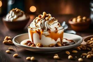 AI generated the peanut butter cup is topped with whipped cream and peanuts photo