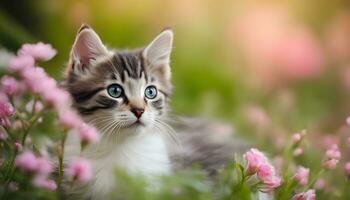 AI generated a kitten is sitting in a field of pink flowers photo