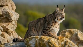 AI generated a lynx is sitting on a rock in the wild photo