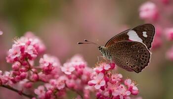 ai generado mariposa en rosado flores foto