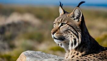 AI generated a lynx is sitting on a rock looking off into the distance photo