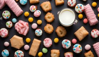 AI generated assortment of colorful cookies and milk on a black background photo