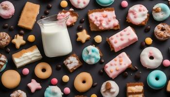 AI generated various pastries and cookies with milk on a dark background photo