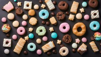 AI generated assorted cookies and pastries on a black background photo