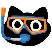 black cat wear scuba diving mask cartoon. equipment snorkel. png