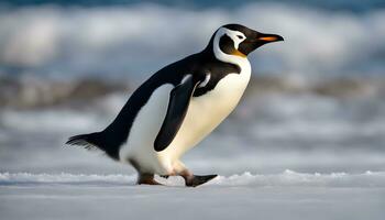 ai generado un pingüino caminando en el nieve cubierto suelo foto