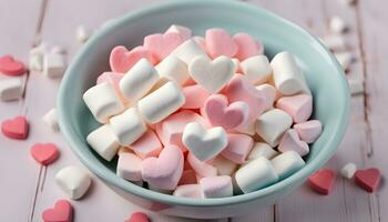 AI generated a bowl of marshmallows with hearts on top photo