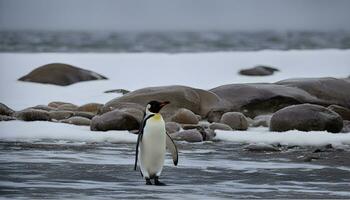 AI generated a penguin standing on a beach with rocks in the background photo