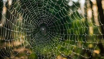 ai generado un araña web es mostrado en el medio de un bosque foto