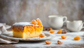 ai generado un pedazo de pastel con naranja rebanadas en un plato foto