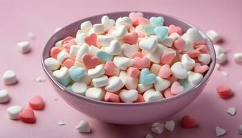 AI generated a bowl filled with marshmallows on a pink background photo